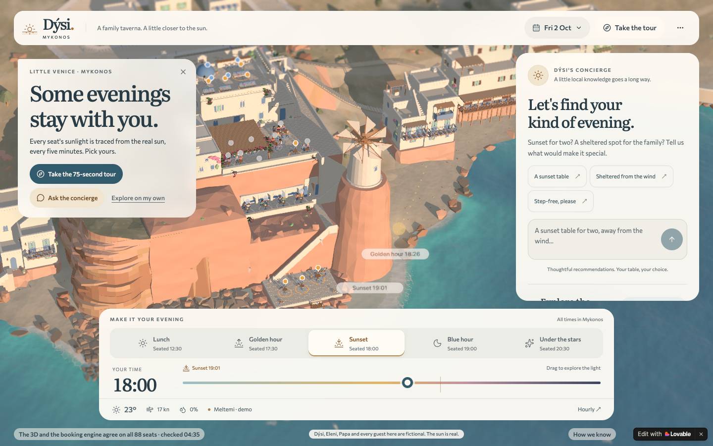 The live build's guest page: the 3D taverna, the concierge and the time of day
