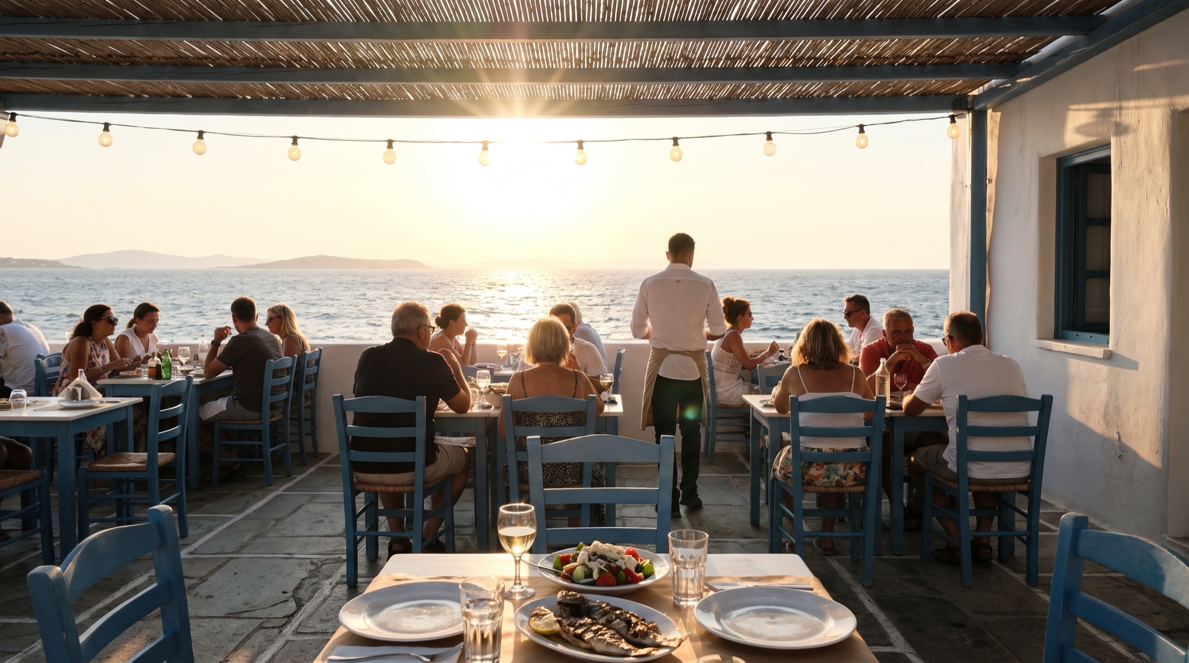 The Pergola at sunset, every table taken under the festoon lights